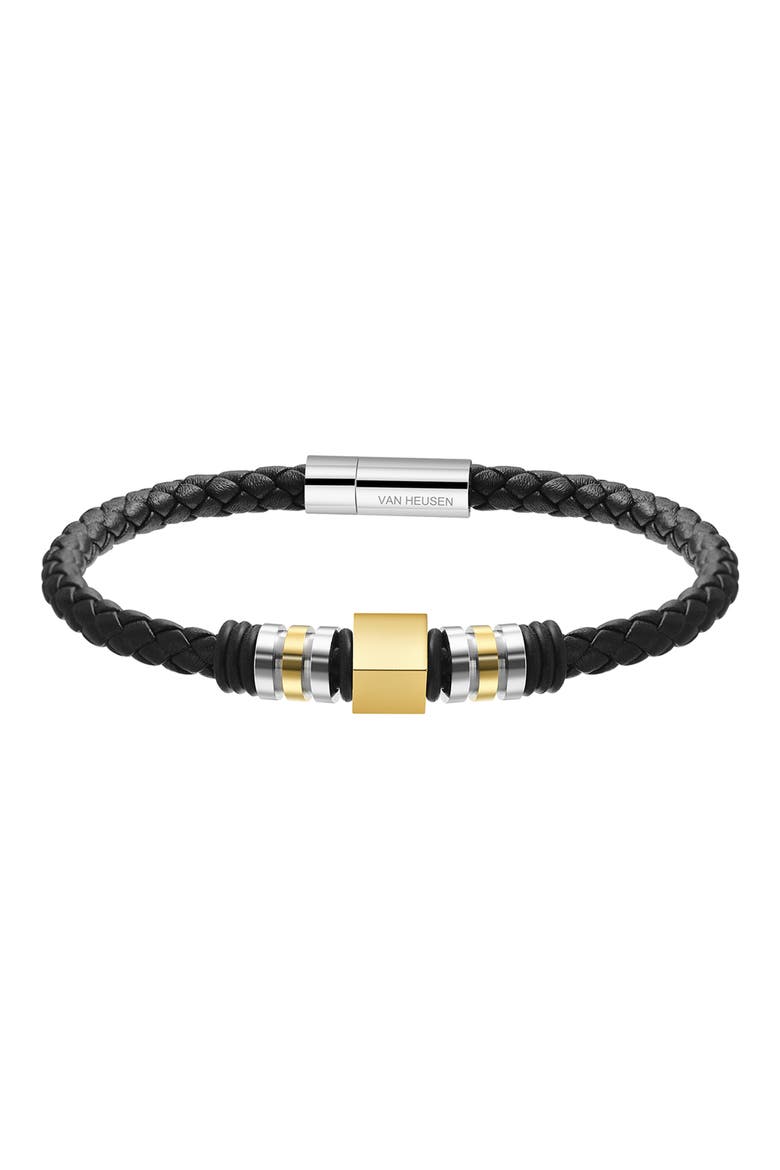 Men's Ornament Leather Bracelet, Main, color, GOLD