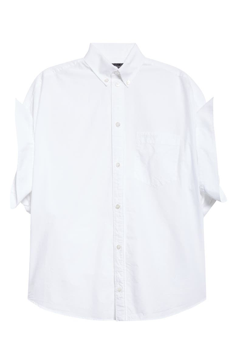 Balenciaga Tucked Sleeve Cotton Poplin Button-Down Shirt, Main, color, 