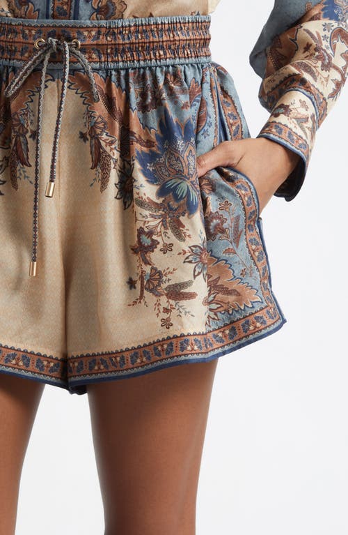 Shop Zimmermann Rhiannon Tuck Paisley Print Linen Shorts In Navy Multi Paisley