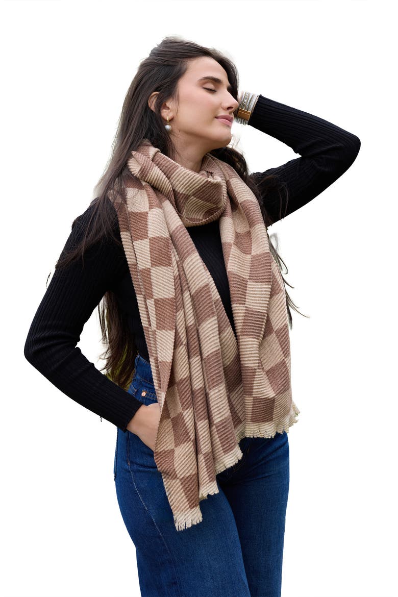 Fringe Checker Scarf, Alternate, color, BROWN