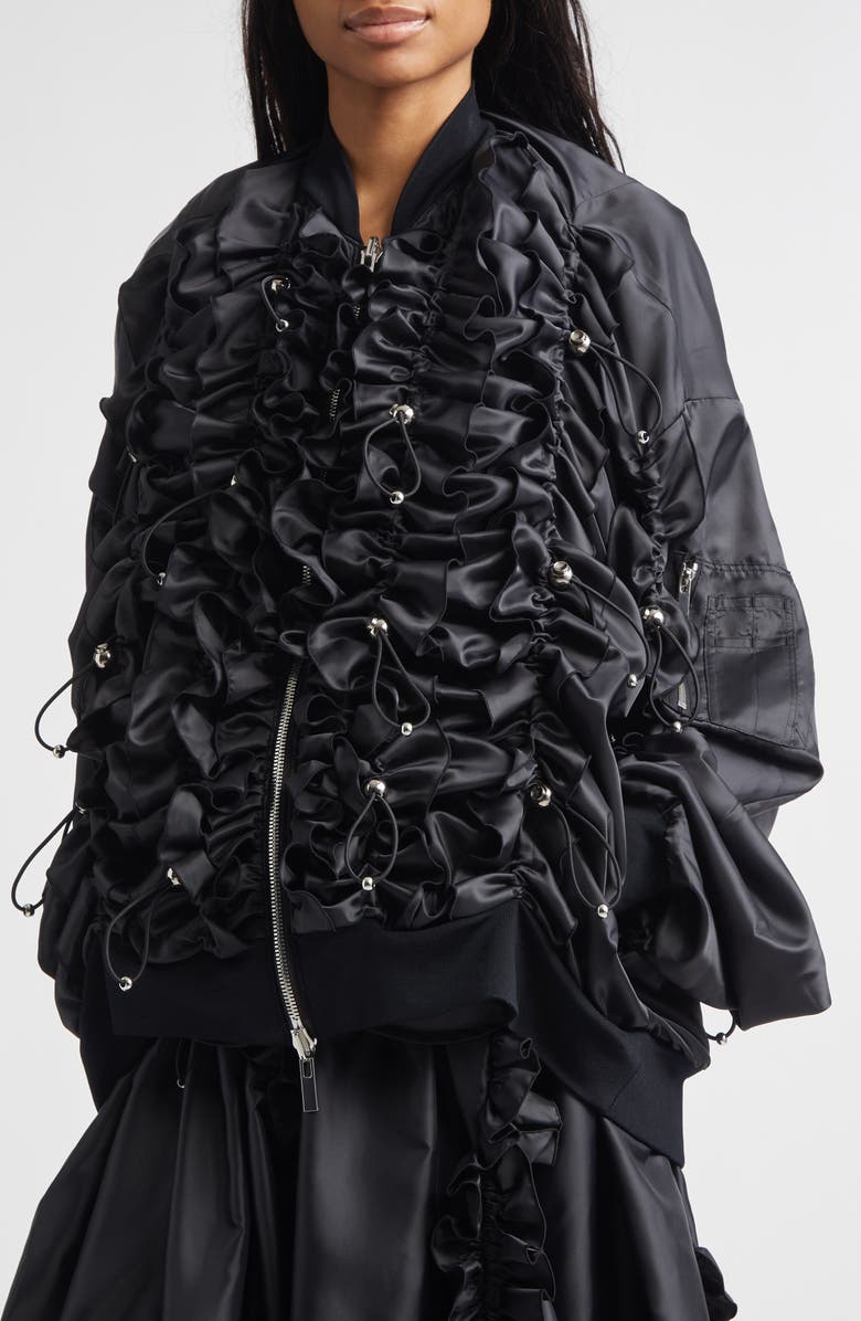 Noir Kei Ninomiya Drawcord Ruffle Twill Bomber Jacket, Alternate, color, Black