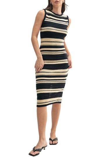 Mila Mae Stripe Mixed Open Stitch Cotton Blend Midi Sweater Dress In Brown