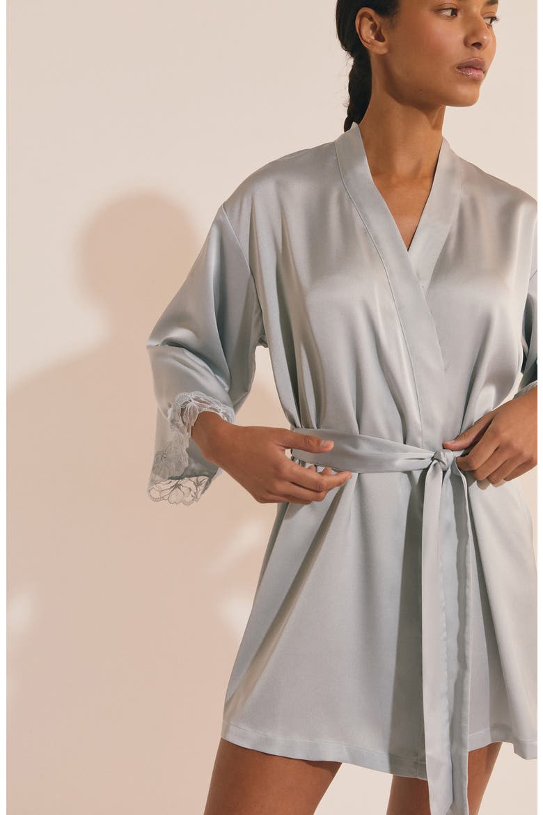 Naeva Deshabille Lace Trim Satin Robe, Alternate, color, OXYGEN
