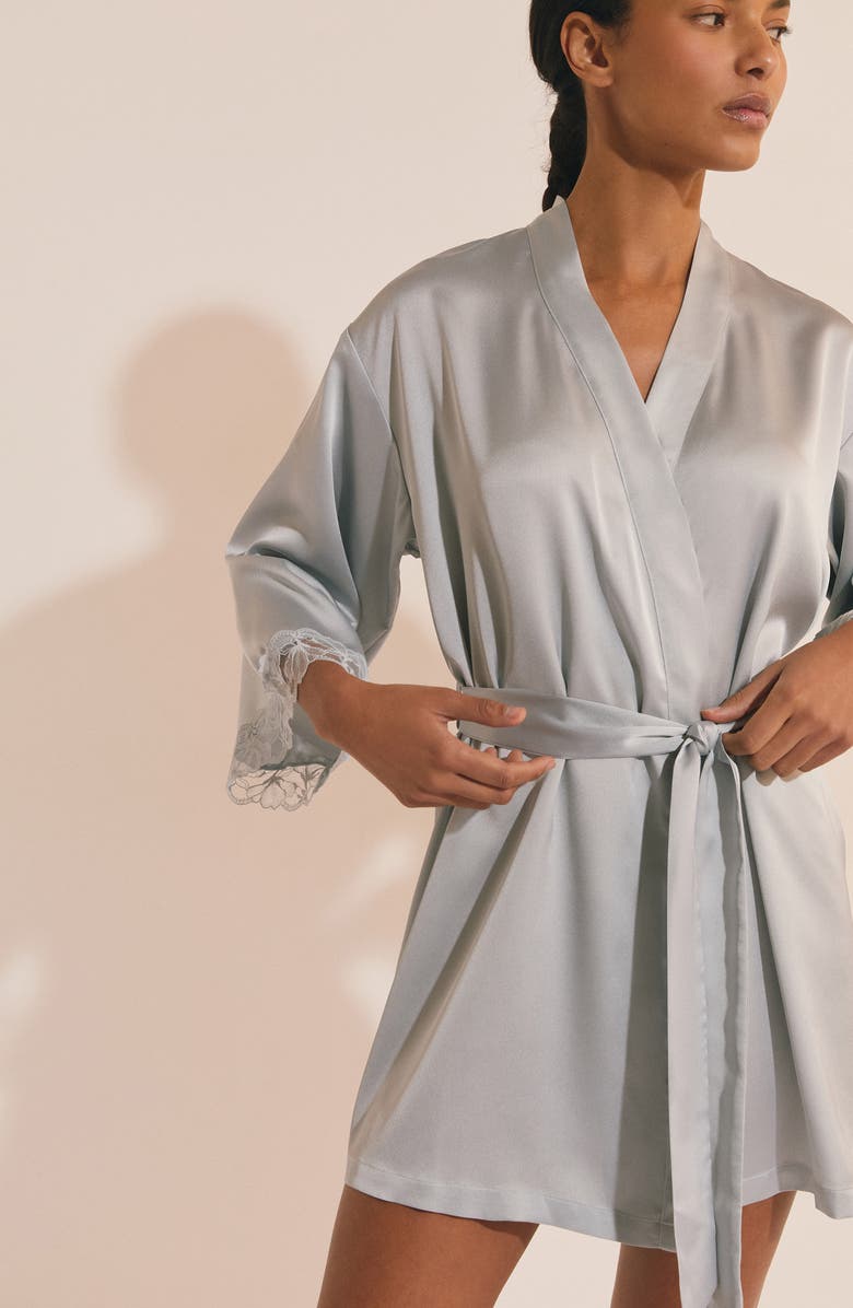 Etam Naeva Deshabille Lace Trim Satin Robe, Alternate, color, Oxygen