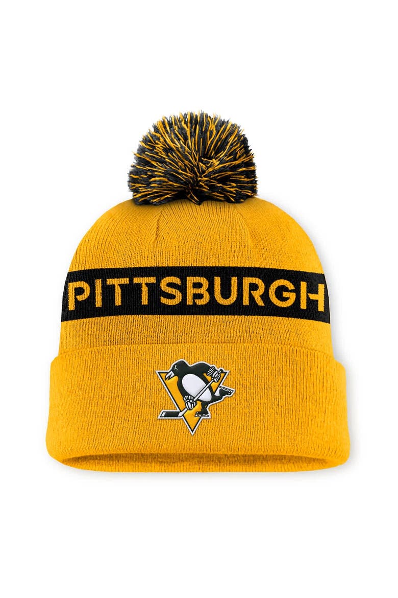 Women's Fanatics Gold/Black Pittsburgh Penguins Authentic Pro Rink Cuffed Knit Hat with Pom, Main, color, Gold