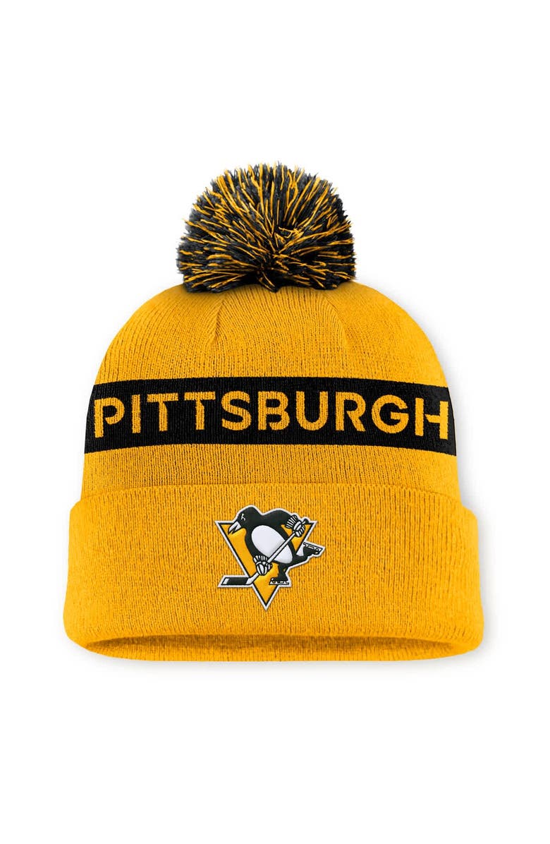 FANATICS Women's Fanatics Gold/Black Pittsburgh Penguins Authentic Pro Rink Cuffed Knit Hat with Pom, Main, color, Gold