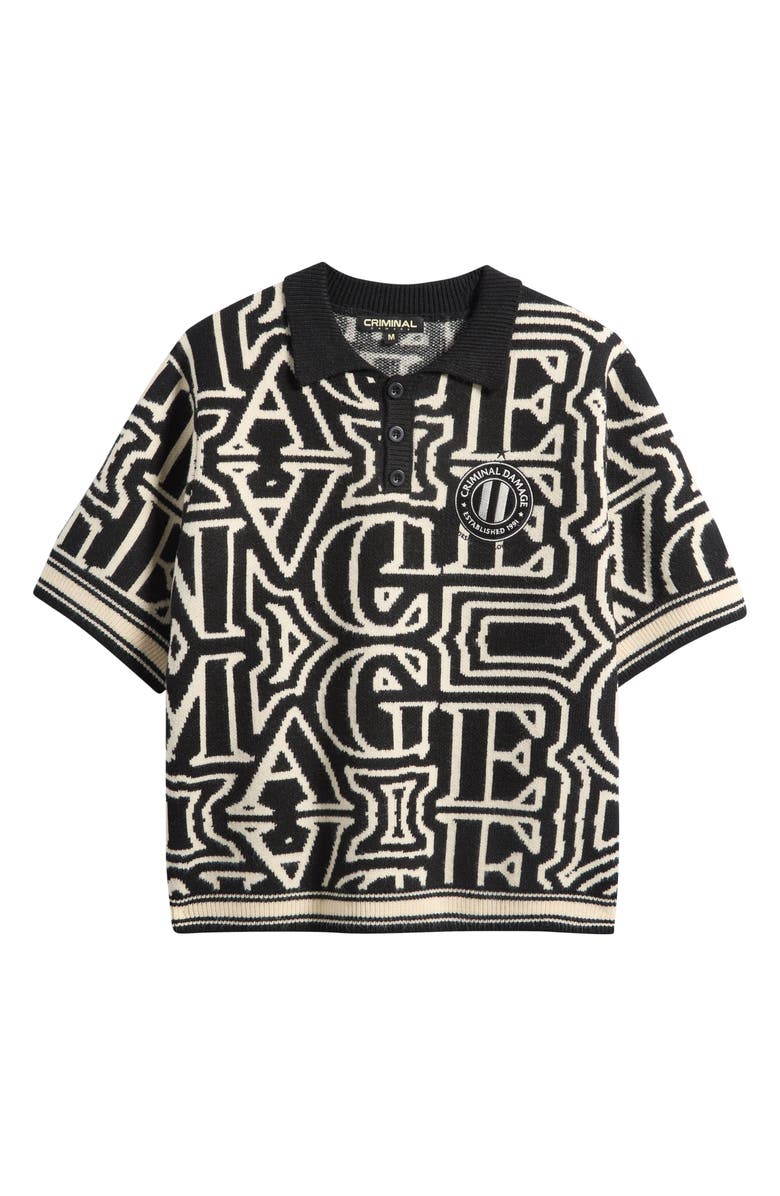 CRIMINAL DAMAGE Oversize Logo Jacquard Polo Sweater, Alternate, color, Black/Off White