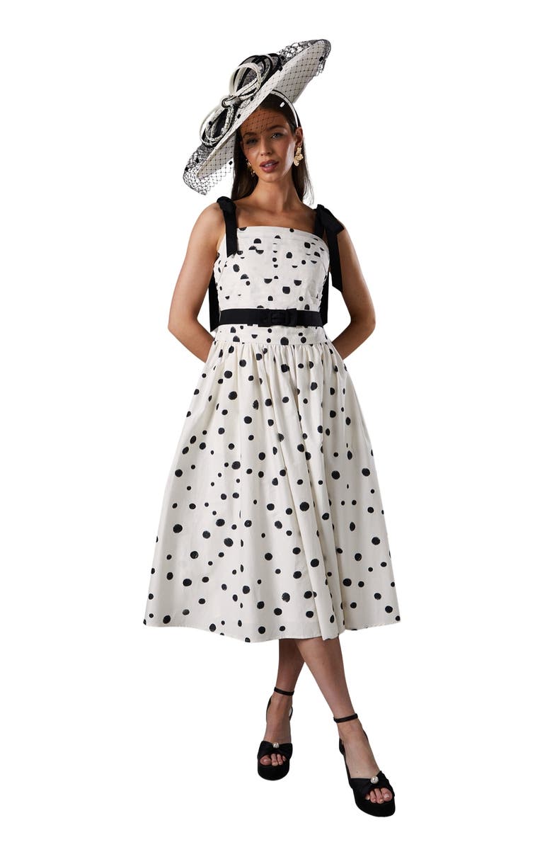 Coast Lisa Tan Mono Spot Bow Detail Midi Dress, Main, color, Mono