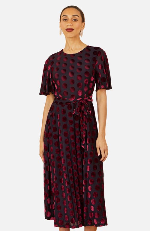 Yumi Velour Spot Midi Skater Dress In Burgundy