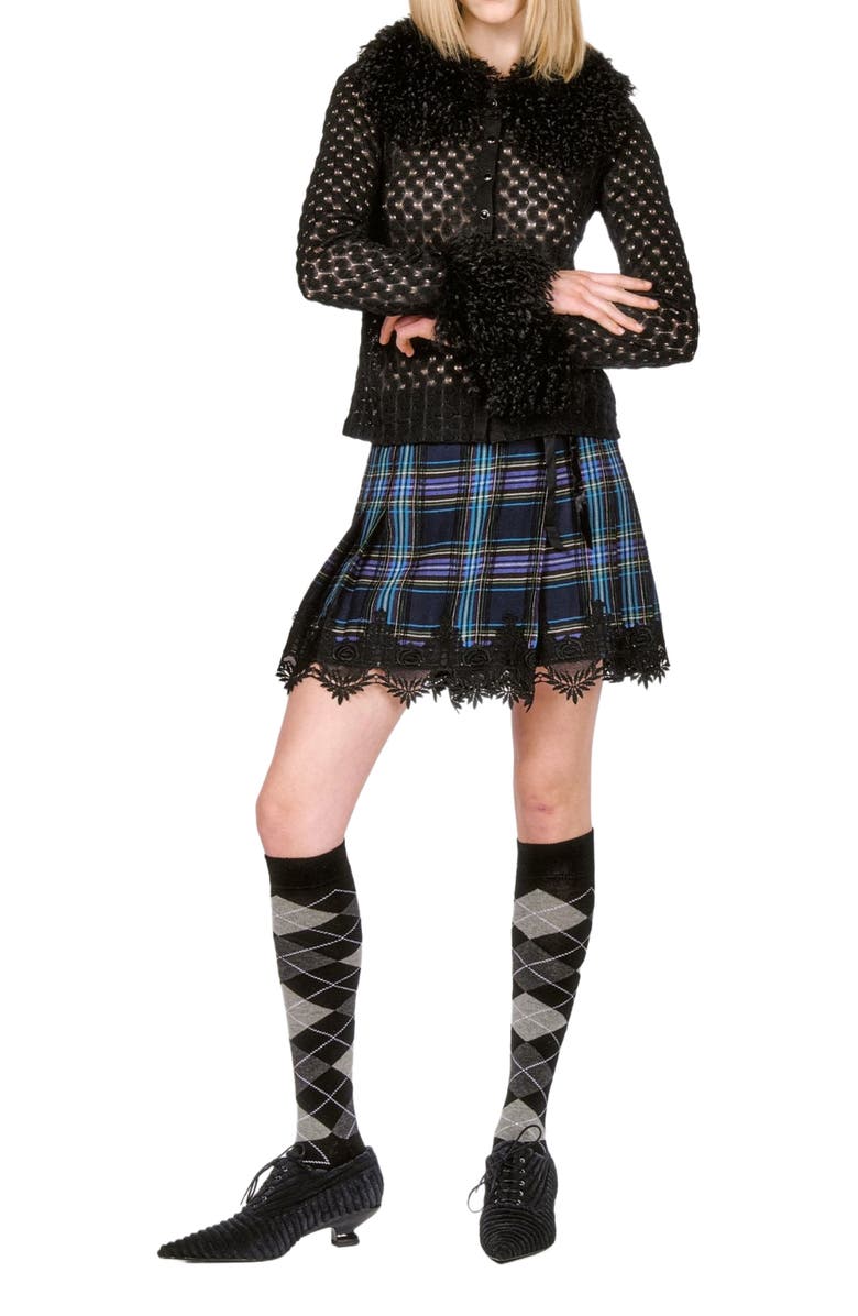 Anna Sui Crochet Knit Faux Curly Lamb Trimmed Top, Main, color,