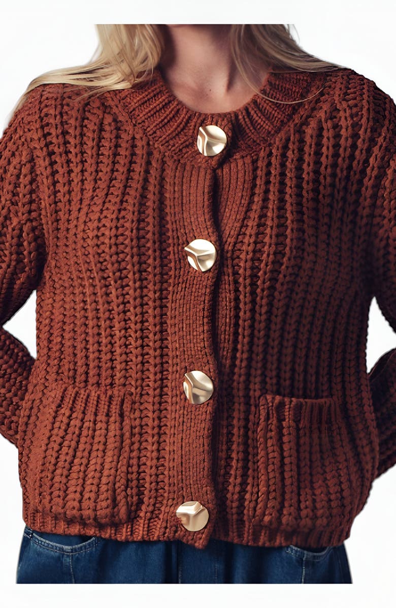 Modenaire Chunky Ribbed Gold-Button Patch-Pocket Cardigan, Alternate, color, Rust
