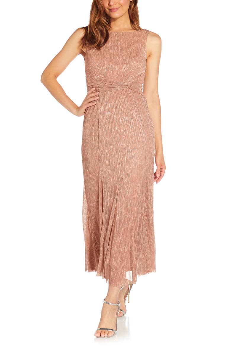 Metallic Plissé Cowl Back Dress, Main, color, ROSE GOLD