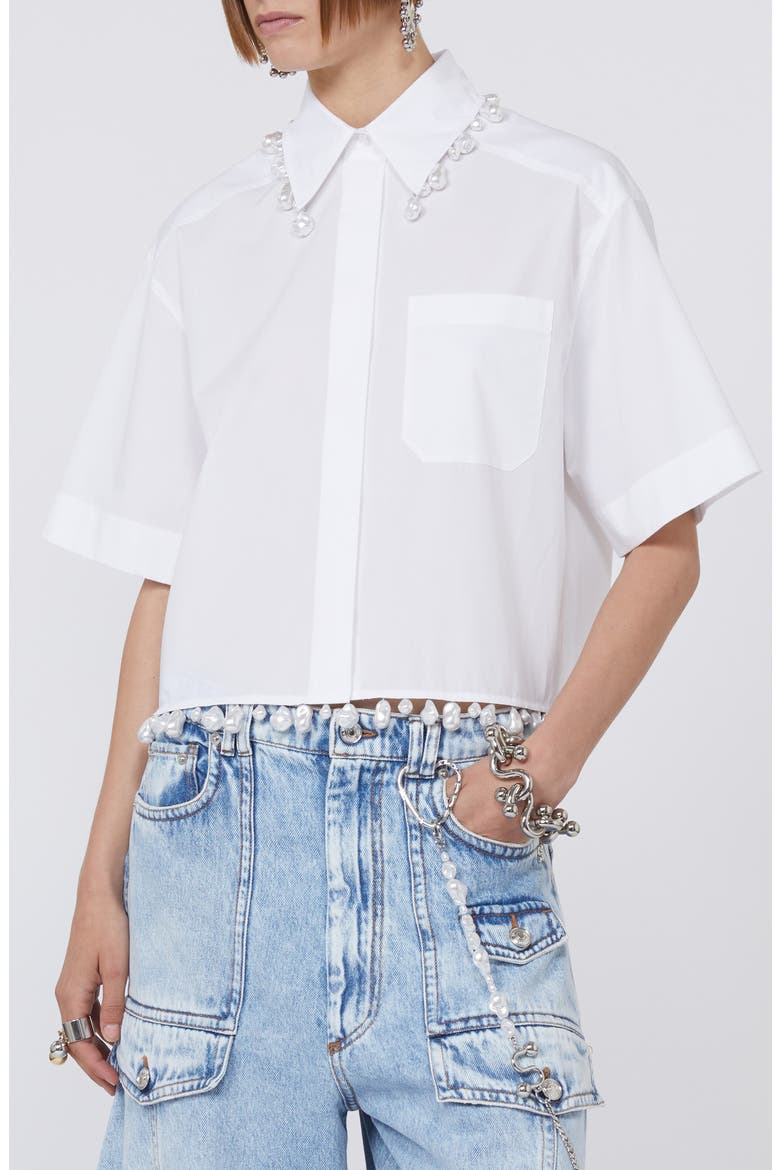 Faux Pearl Embellished Boxy Cotton Poplin Button-Up Shirt, Alternate, color, OPTICAL WHITE