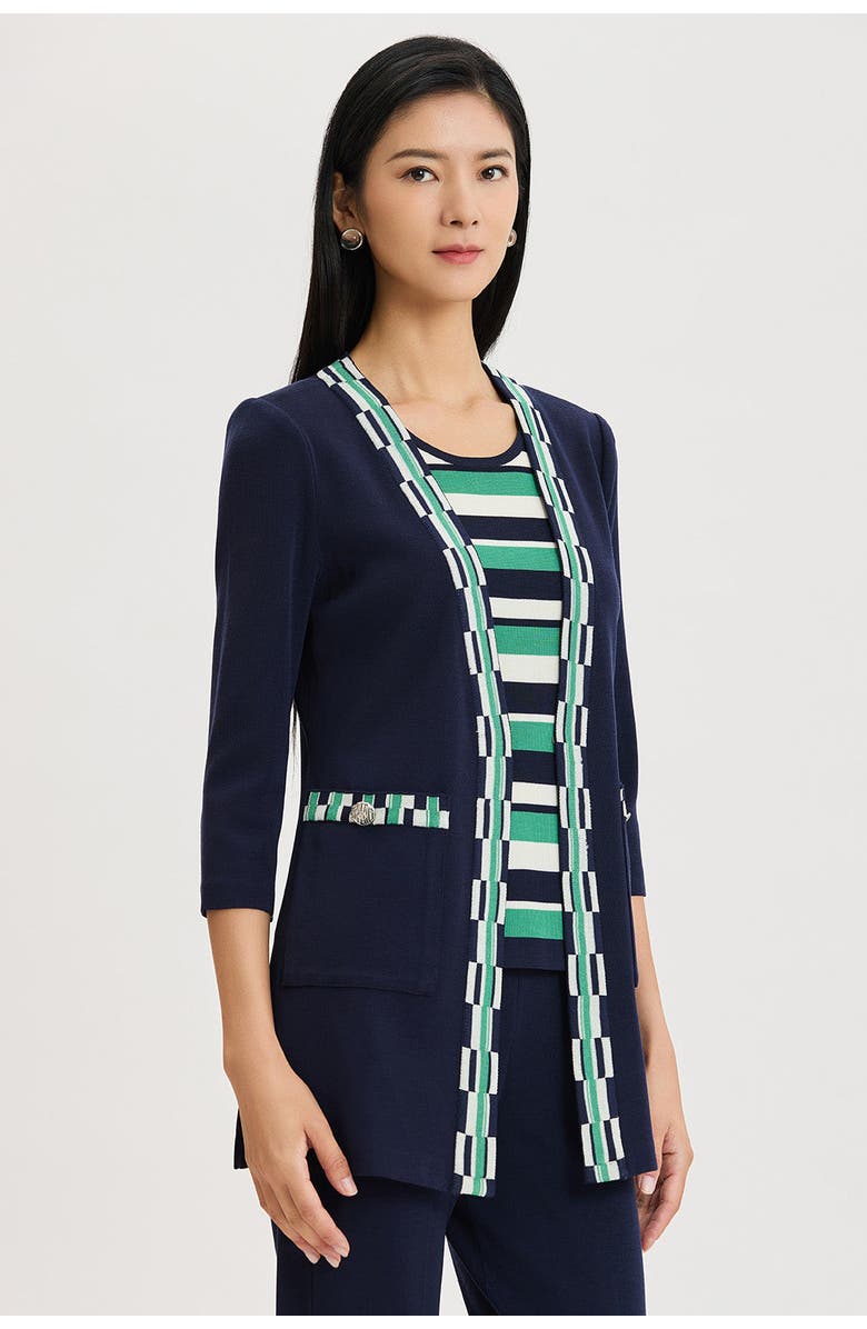 Ming Wang Heritage Checkered Trim Soft Knit Jacket, Alternate, color, Indigo/Kelly Green/Ivory