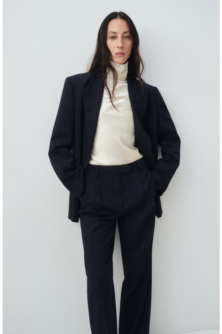 Selection Pinstripe Pleat Front Straight Leg Pants, Alternate, color, NAVY