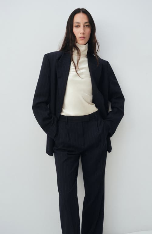 Mango Pinstripe Pleat Front Straight Leg Pants In Blue