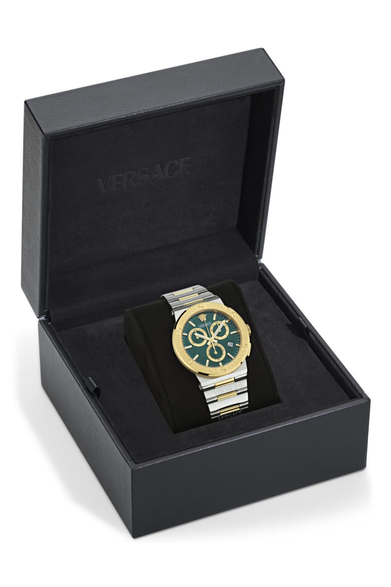 Greca Logo Chronograph Bracelet Watch, 40mm, Alternate, color, TWO TONE/ GREEN