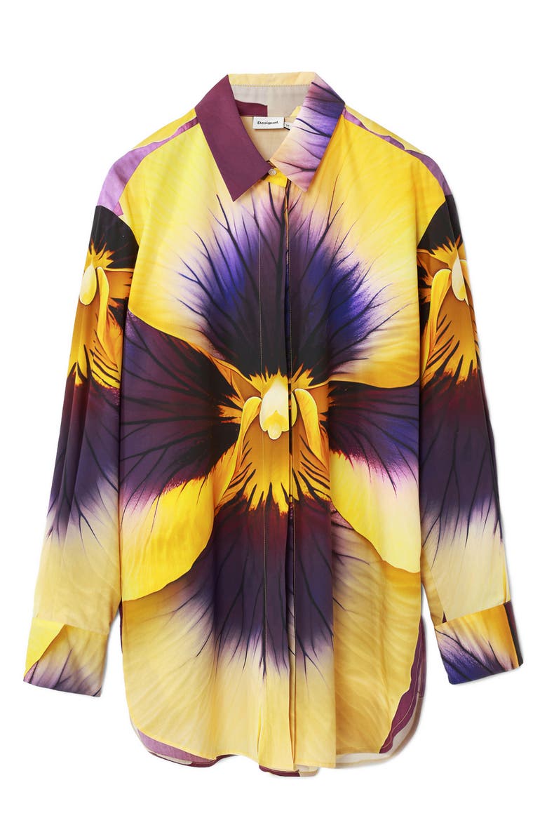 Desigual Pensee Lacroix Pansy Print Cotton & Lyocell Button-Up Shirt, Alternate, color, Yellow Mix