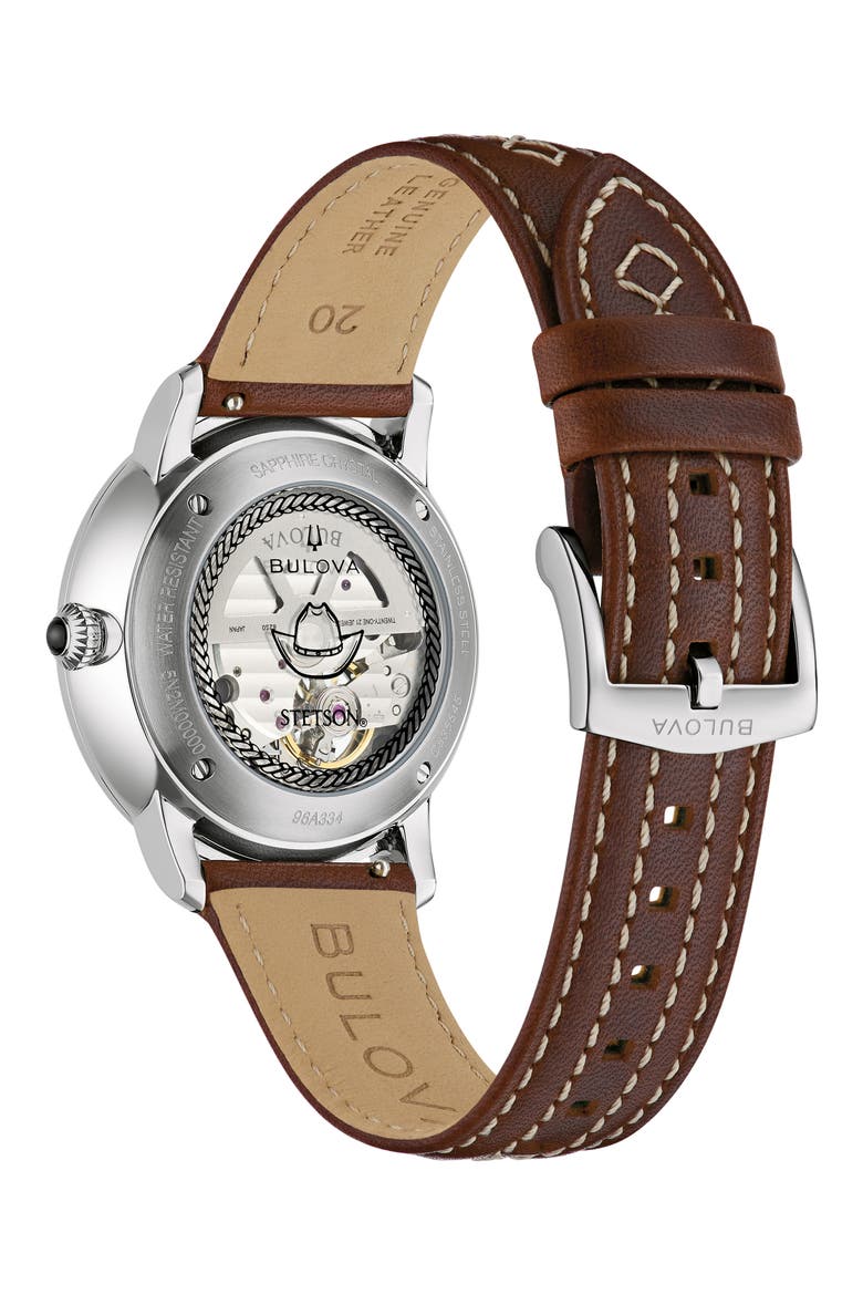 x Stetson Longhorn Automatic Leather Strap Watch, 39mm, Alternate, color, GOLD-TONE