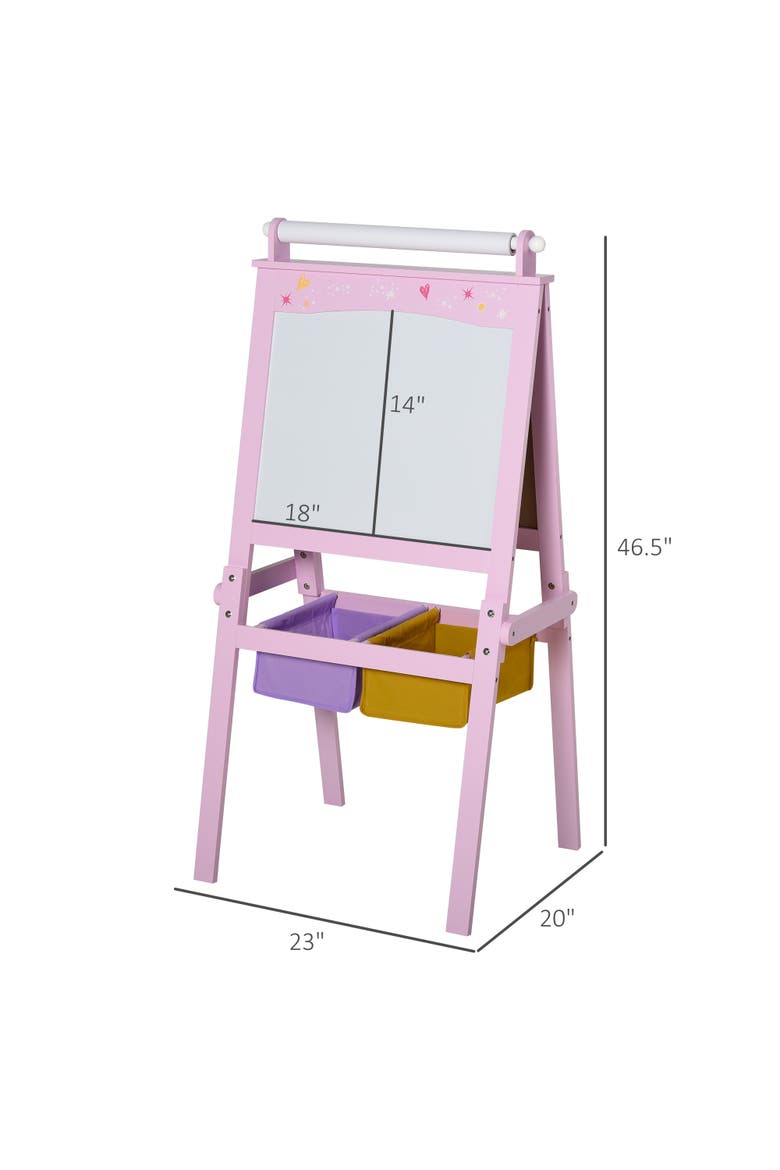 3-in-1 Kids Wooden Art Easel, Paper Roll, Double-Sided Chalkboard & Whiteboard, Storage, Alternate, color, Pink