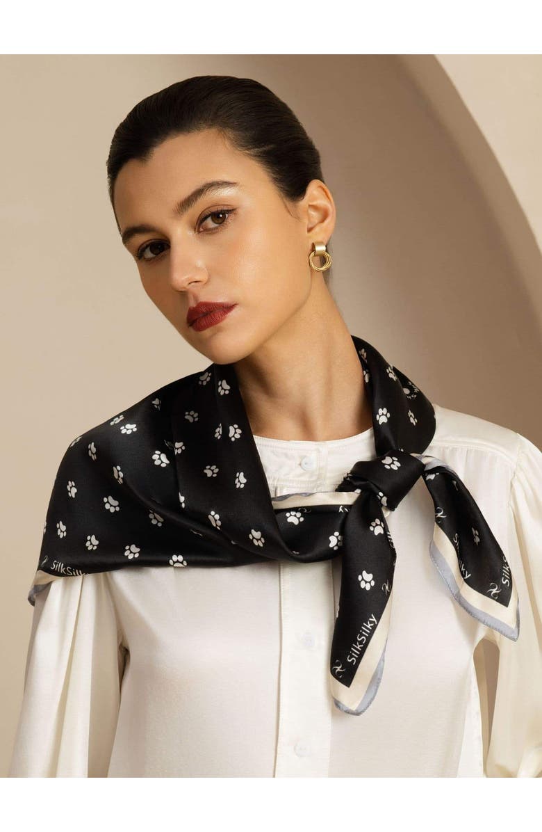 SILKSILKY Pure Silk Paw Print Square Scarf, Alternate, color, Black