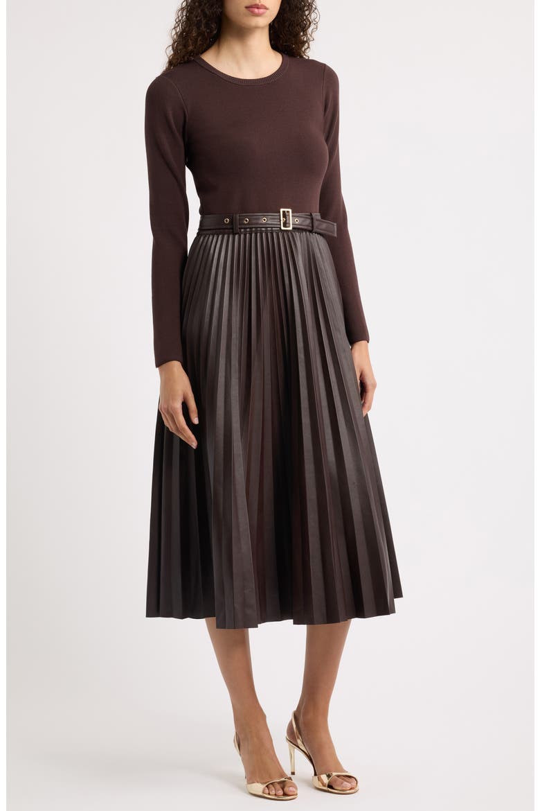 Allison Mixed Media Faux Leather Dress, Main, color, RHAPSODY BROWN
