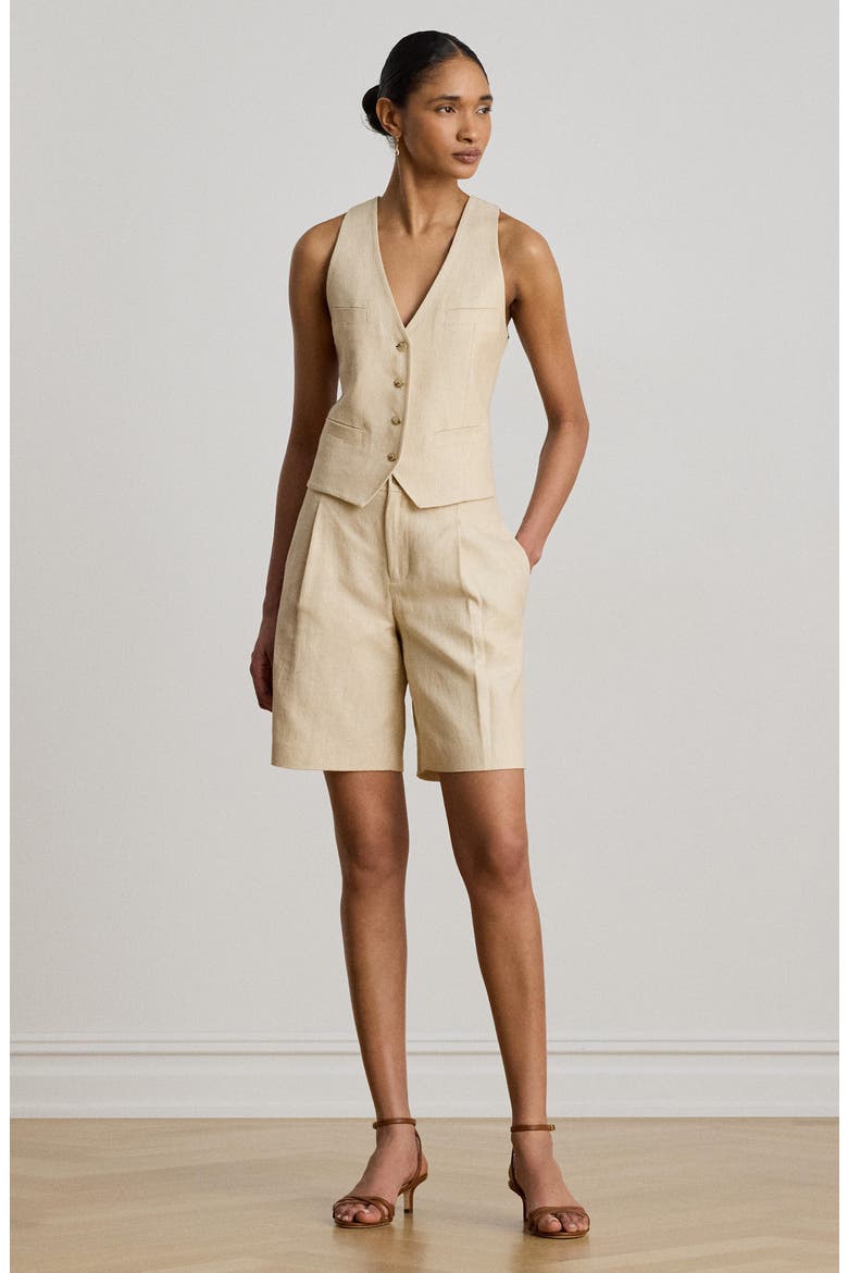 Pleated Linen Blend Shorts, Alternate, color, BEIGE/ CREAM MULTI