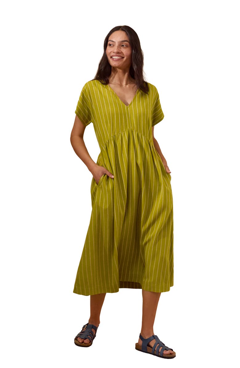 Celtic & Co. V-Neck Gathered-Waist Striped Midi Dress, Alternate, color, Willow Stripe