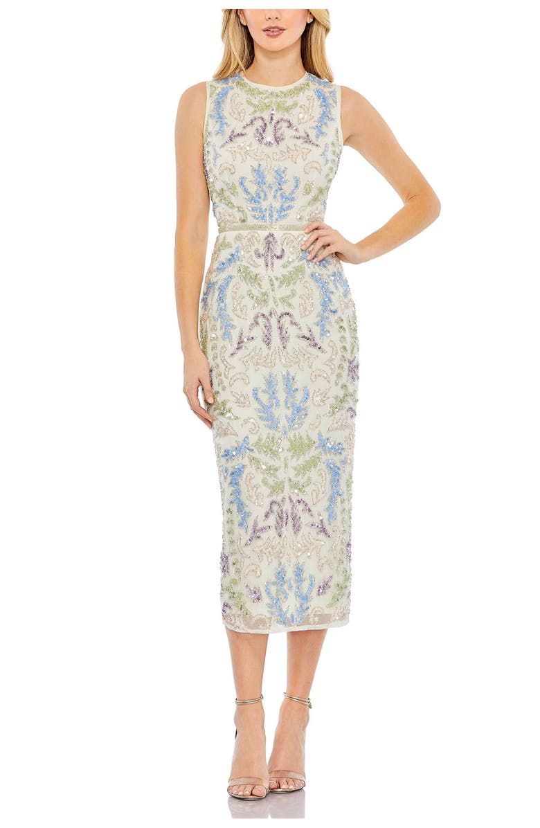 Mac Duggal Sleeveless Sequined High Neck Tea Length Dress, Main, color, Ivory Multi