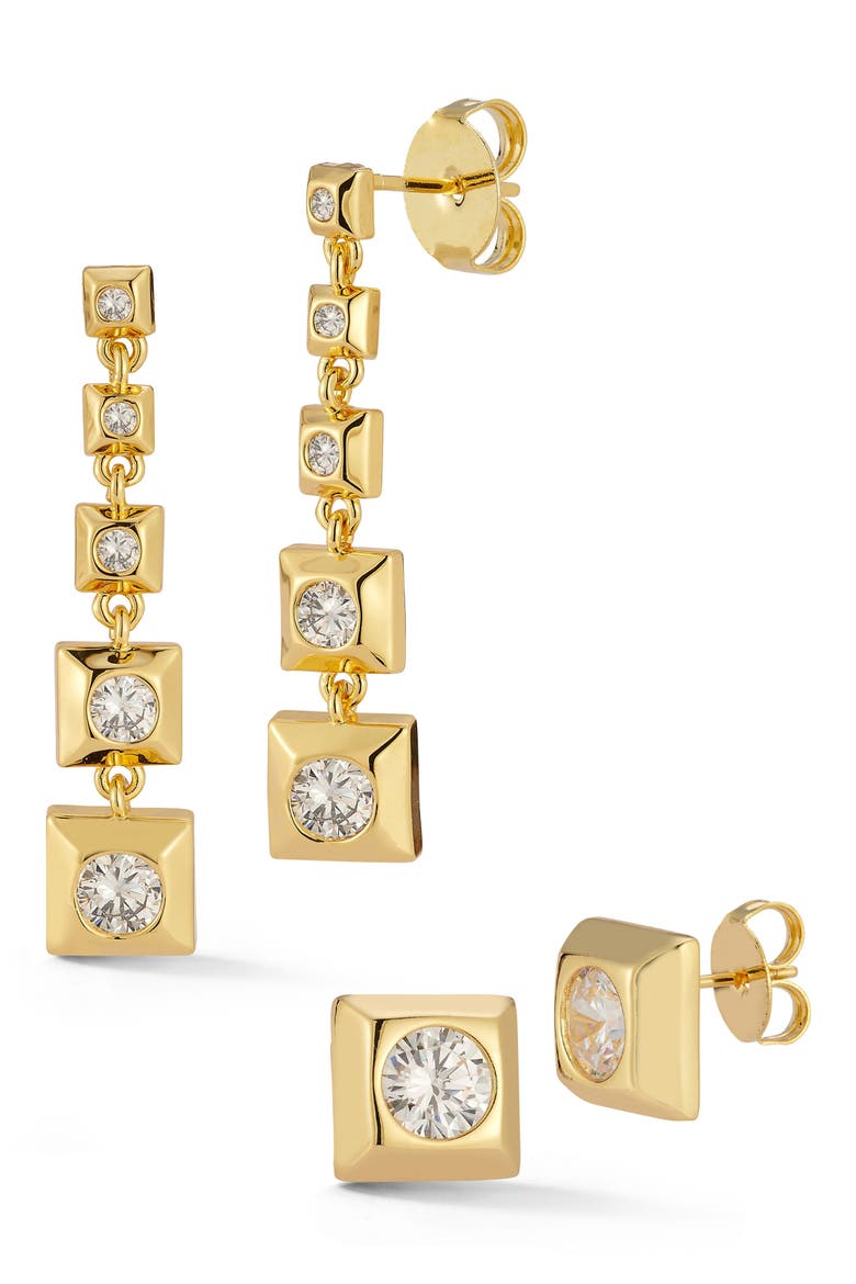 Cubic Zirconia Drop & Stud Earrings Set, Main, color, GOLD