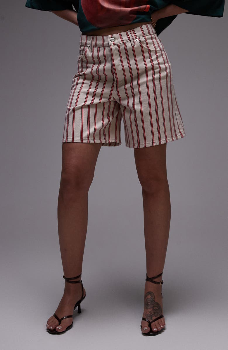 Topshop Stripe Mid Thigh Denim Shorts, Main, color, Dark Red