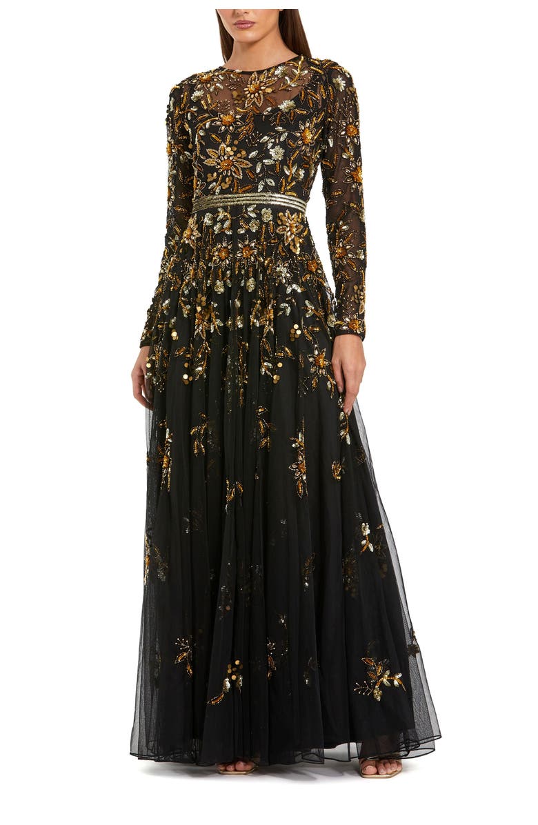Mac Duggal Hand Beaded Mesh Long Sleeve High Neck A Line Gown, Main, color, Black Gold