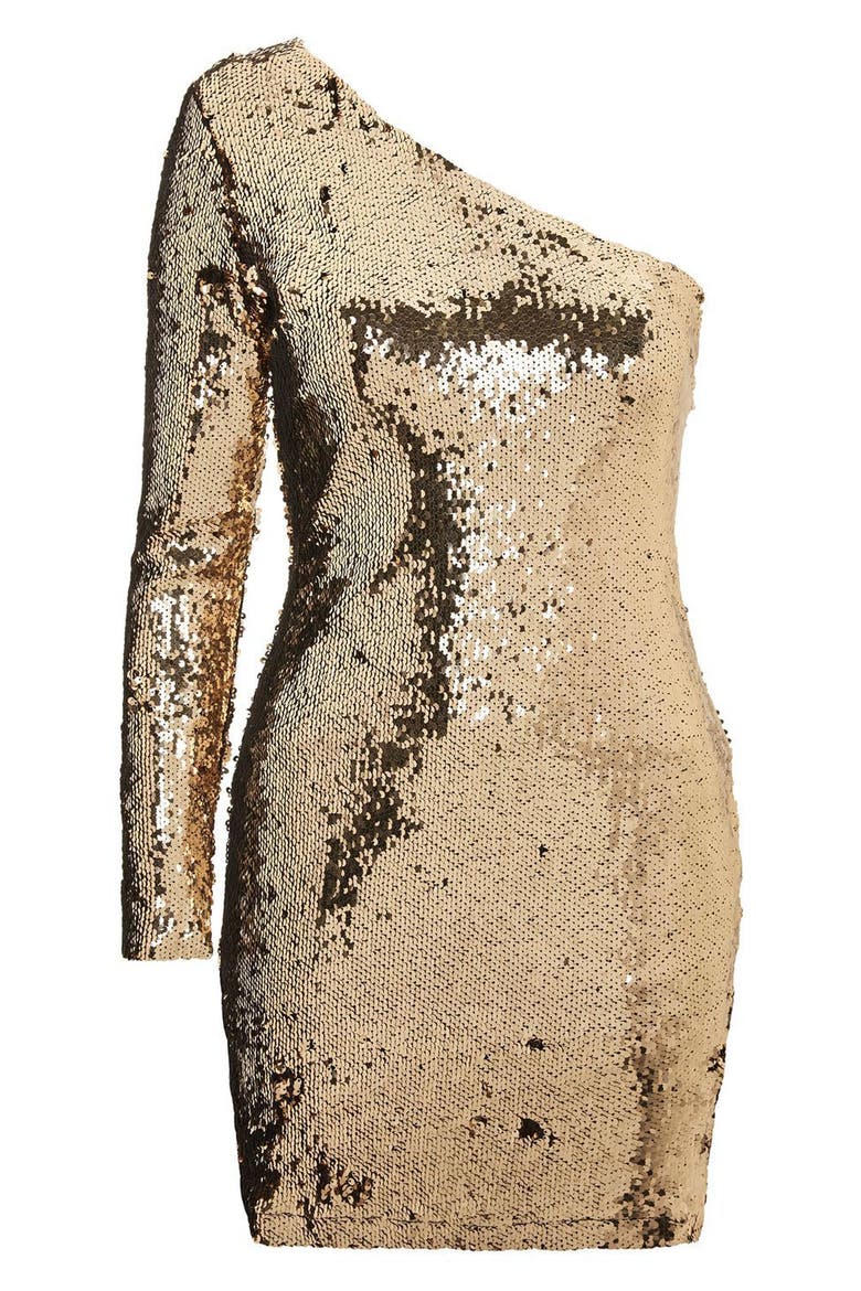 Dazzling Sequin One-Shoulder Minidress, Alternate, color, GOLD