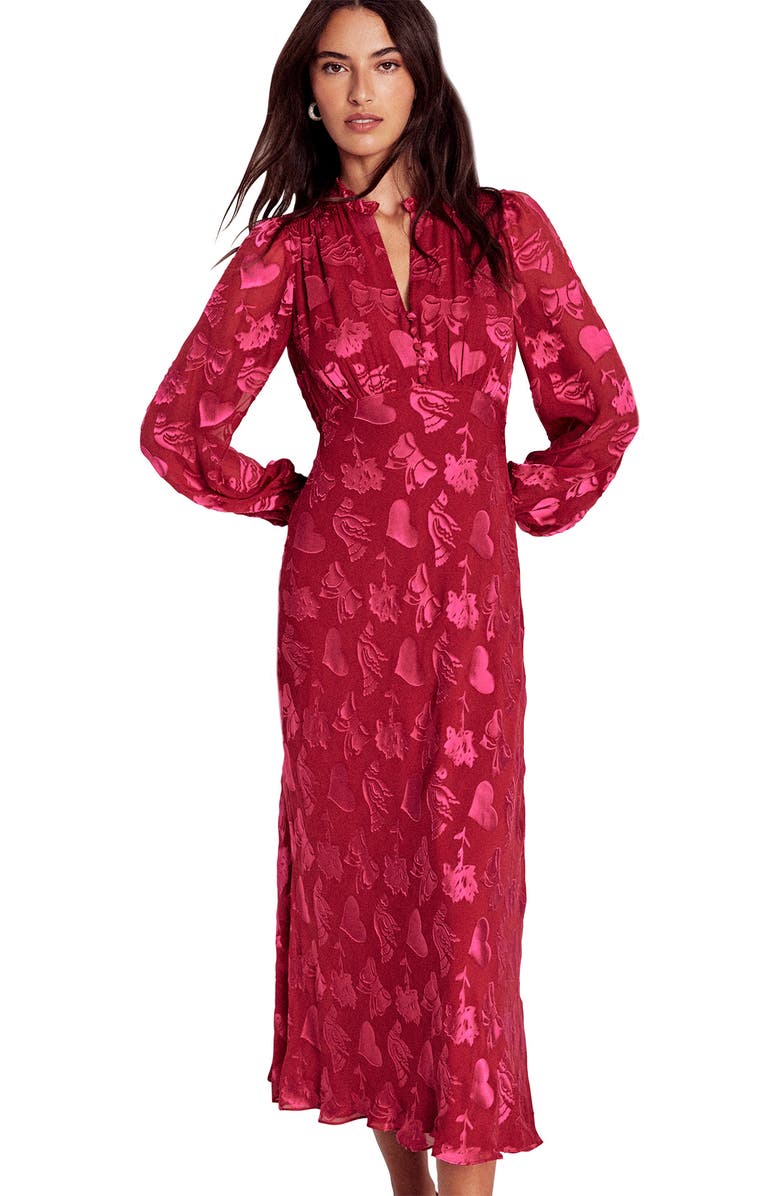 Boden Cassie Devore Long Sleeve Midi Dress, Alternate, color, Pink Peony Dainty Medley