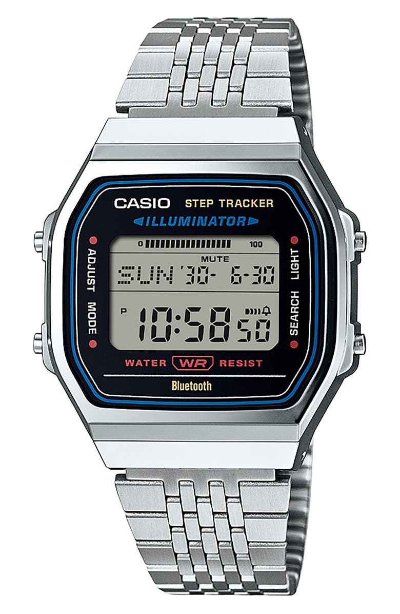 CASIO Vintage Silvertone Digital Bracelet Bluetooth<sup>®</sup> Watch, 41.4mm x 37.9.5mm, Main, color,
