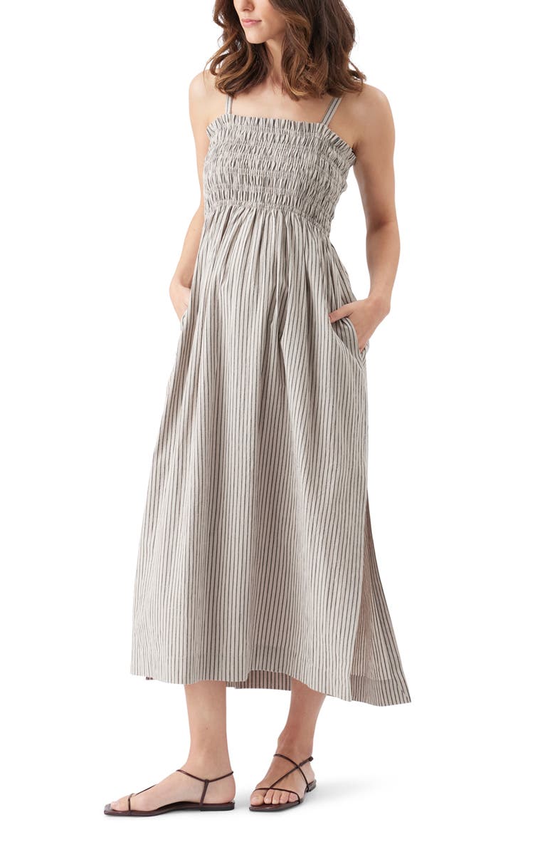 Ripe Maternity Leo Stripe Shirred Maternity Dress with Side Splits, Alternate, color, Natural / Black