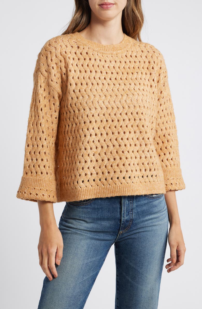 Wit & Wisdom Open Stitch Three-Quarter Sleeve Crewneck Sweater, Main, color, Heather Sahara Sand