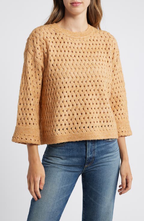 Open Stitch Three-Quarter Sleeve Crewneck Sweater