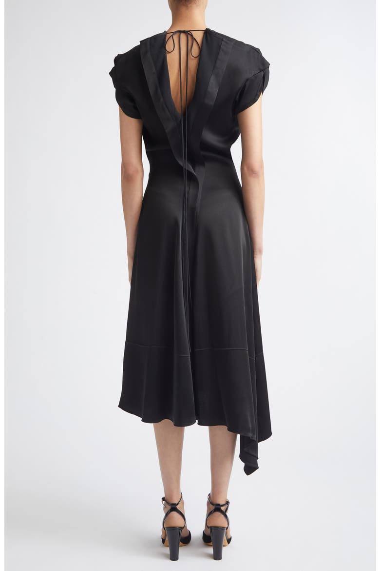 Twist Shoulder Asymmetric Satin Midi Dress, Alternate, color, BLACK