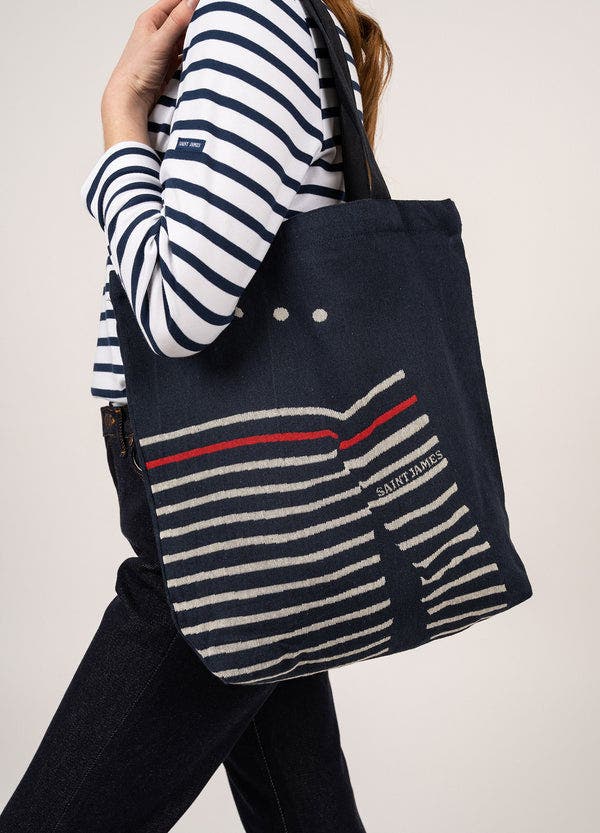Saint James STRIPED TOTE BAG - Tote Bag in Recycled Cotton, Alternate, color, Navy/Ecru
