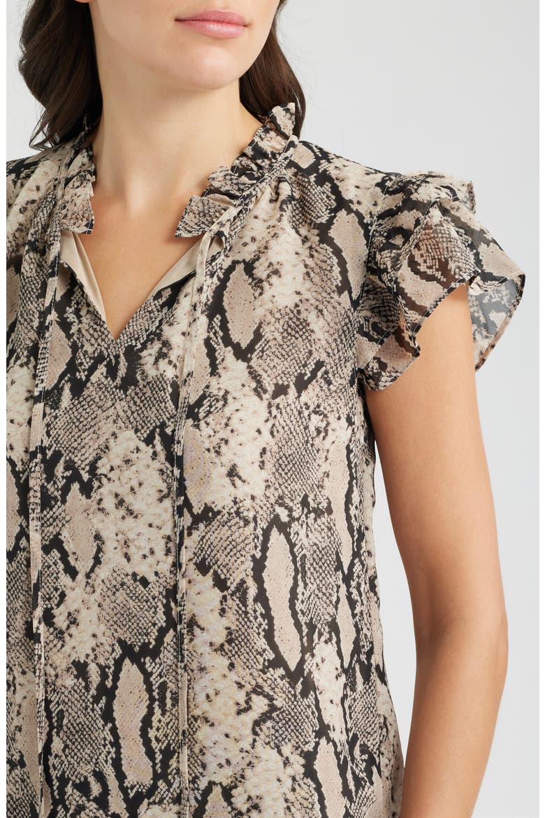 Snake Print Ruffled Sleeve Tied Neck Top, Alternate, color, LATTE MULTI