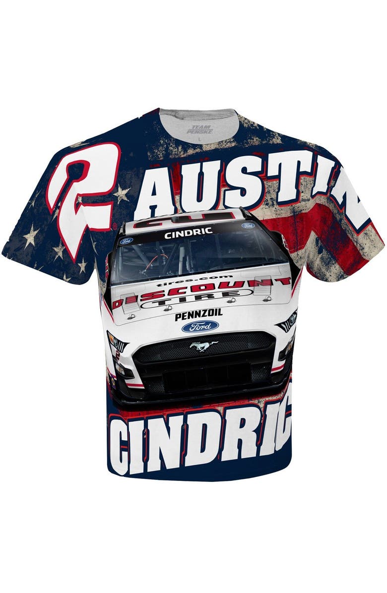 TEAM PENSKE Men's Team Penske White Austin Cindric Discount Tires Sublimated Patriotic Total Print T-Shirt, Alternate, color, White