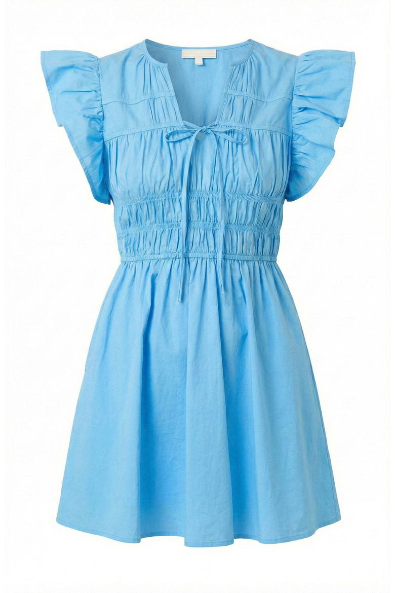 Smocked Mini Dress with Ruffle Sleeves and Front Tie Detail, Alternate, color, Blue