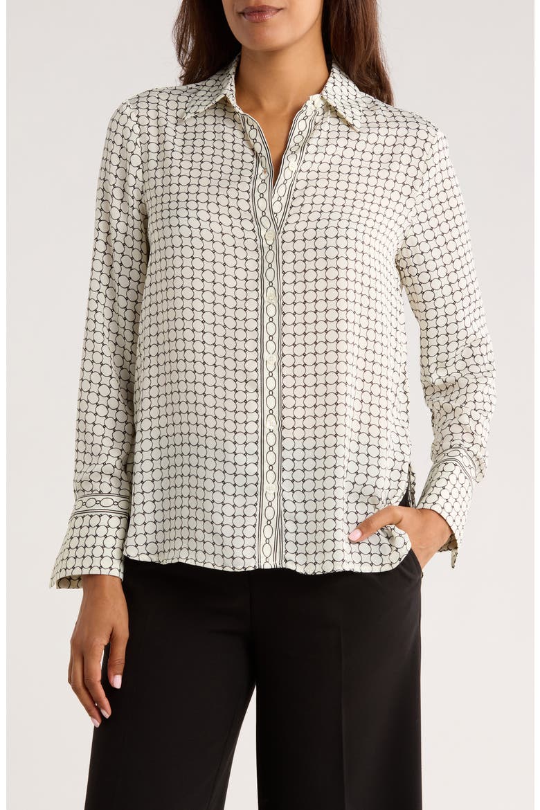 Print Button Front Blouse, Main, color, IVORY/BLACK MEDALLION DOT