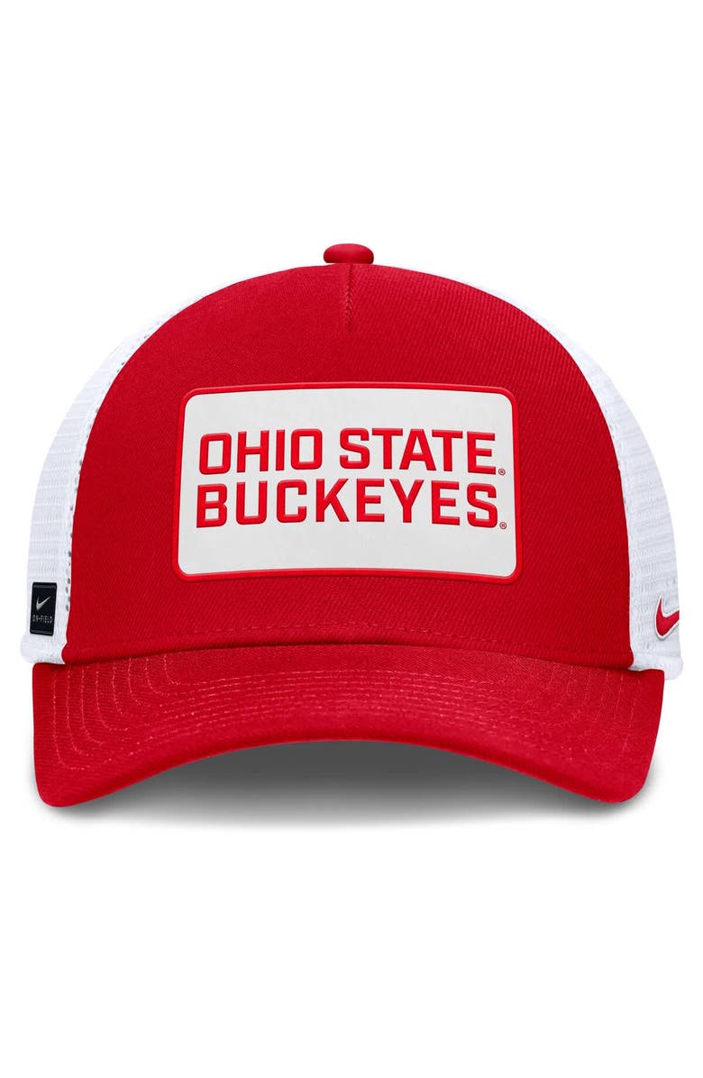 Nike Men's Nike Scarlet/White Ohio State Buckeyes 2025 On-Field Rise Patch Trucker Adjustable Hat, Alternate, color, Scarlet