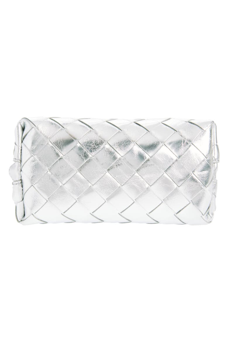 Intrecciato Metallic Leather Cosmetic Bag, Alternate, color, SILVER- SILVER