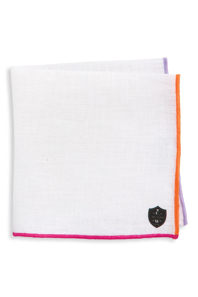 Multicolor Trim White Linen Pocket Square, Main, color, WHITE