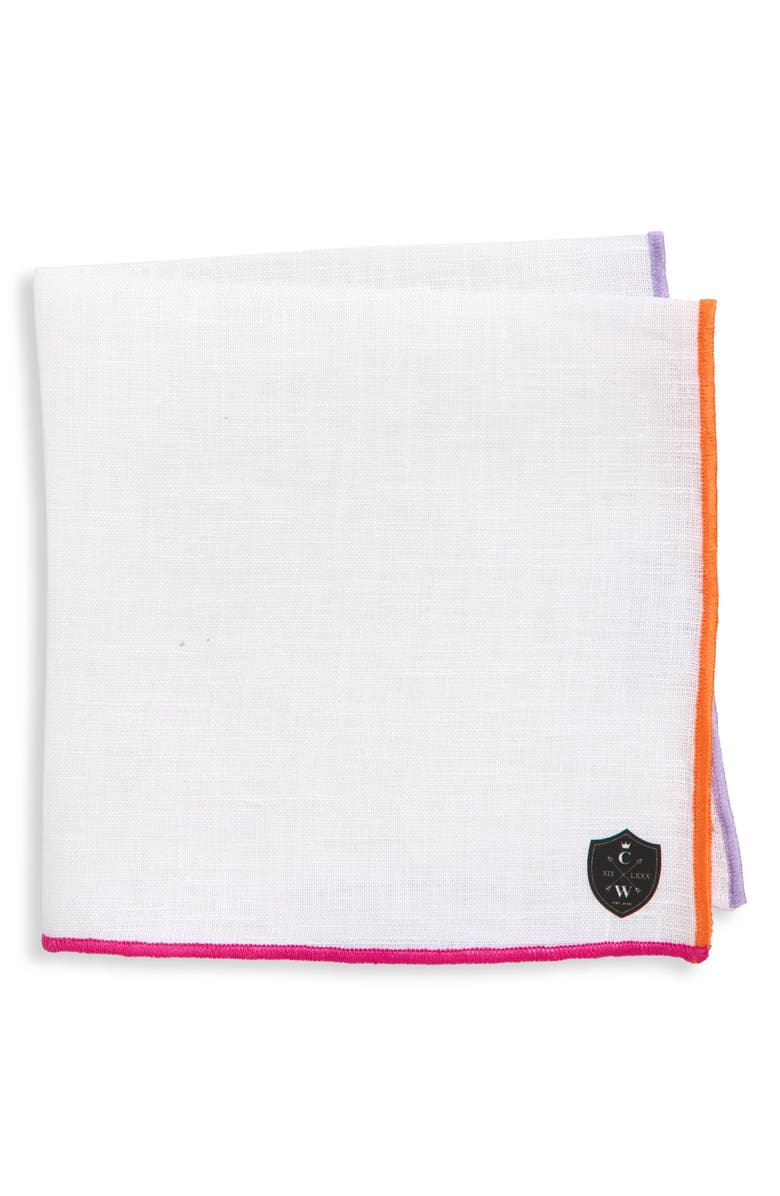 CLIFTON WILSON Multicolor Trim White Linen Pocket Square, Main, color, White