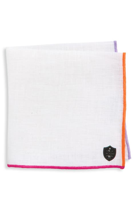 Multicolor Trim White Linen Pocket Square