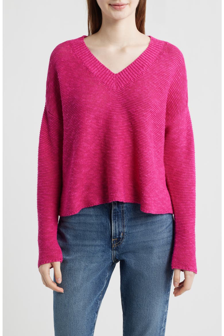 Organic Linen & Organic Cotton V-Neck Sweater, Main, color, FUCHSIA